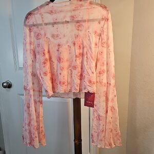 Y2K Blush Floral Blouse with Bell Sleeves Mock Neck Sheer XL